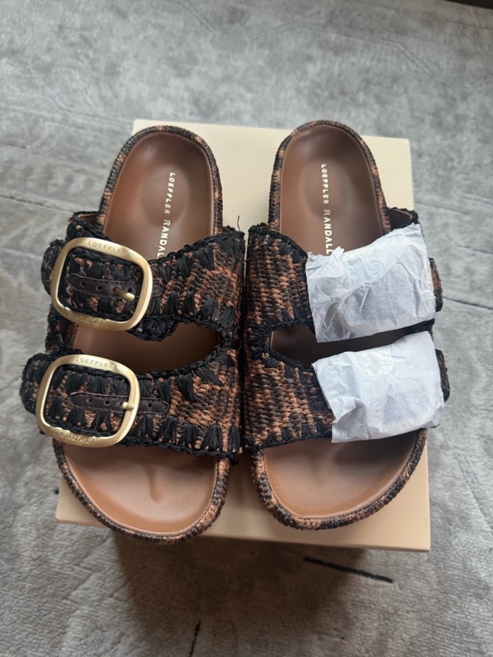 Loeffler Randall Theo Two Band Black & leopard Raffia Buckle Slide Sandal - Picture 2 of 5